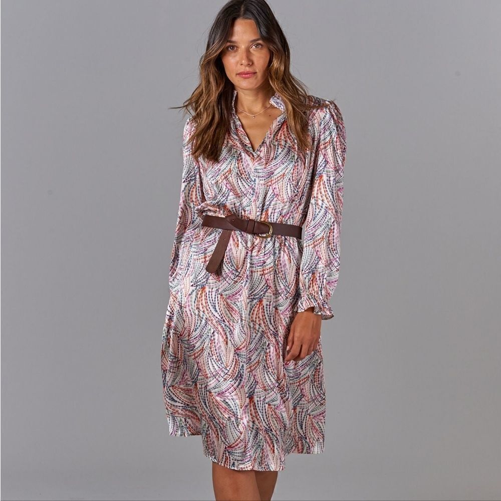 Tucker Stella Dress Ecru Retro Geo in Stretch Charmeuse Silk Mock Neck